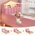 thumbnail image 3 of Twin Size Bed Frame with LED Lights,House-Shaped Headboard with Charging Station & Hidden Storage,Velvet Upholstered Platform Bed Twin,Girls Princess Bed with Safety Guardrail,Pink, 3 of 8