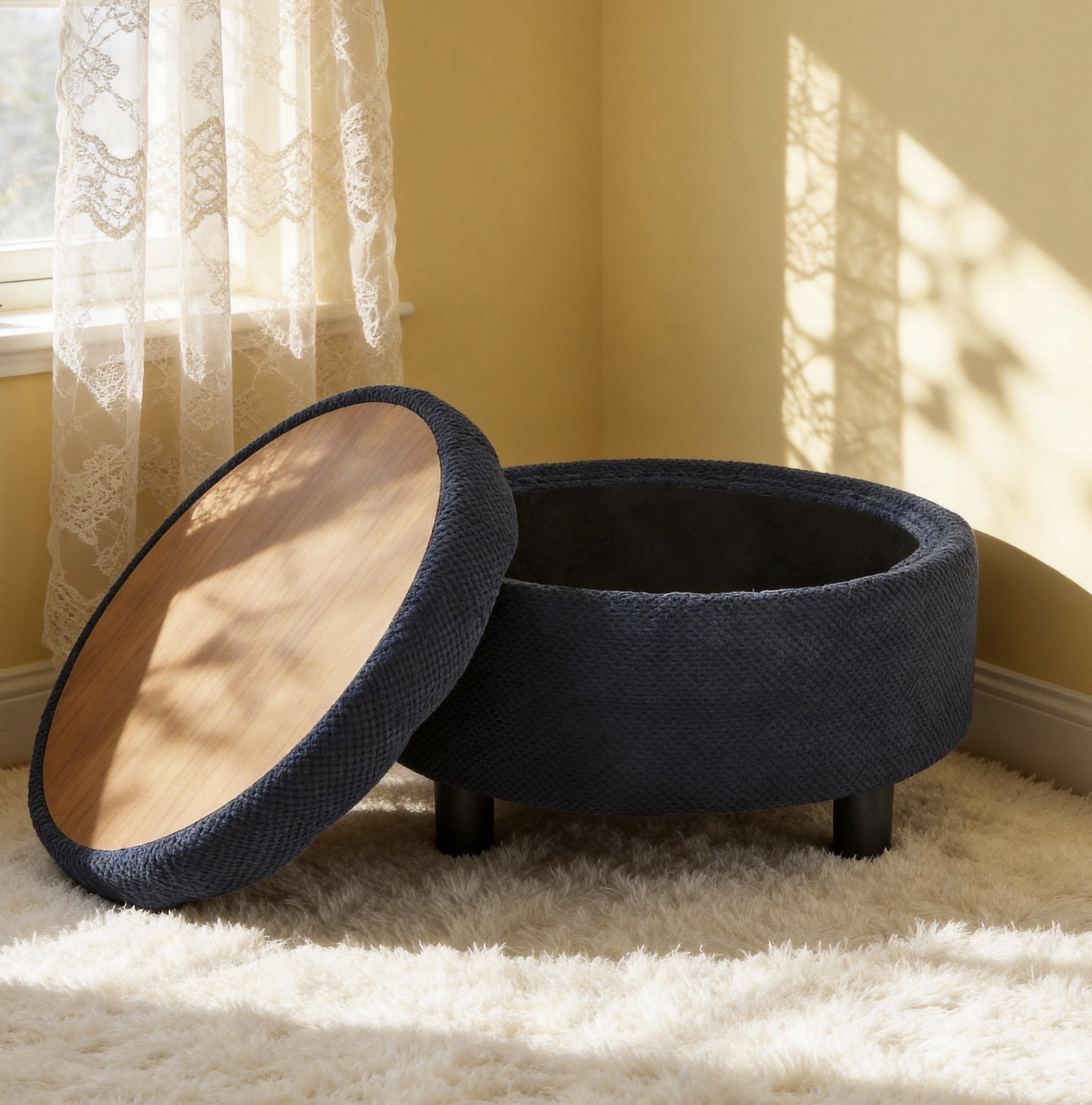 Leumius Storage Ottoman Bench,Round Coffee Table Ottoman,Wooden Top Side Table with Hidden Storage for Living Room,Bedroom,Black