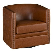Pemberly Row Faux Leather Tufted Barrel Swivel Chair in Brown