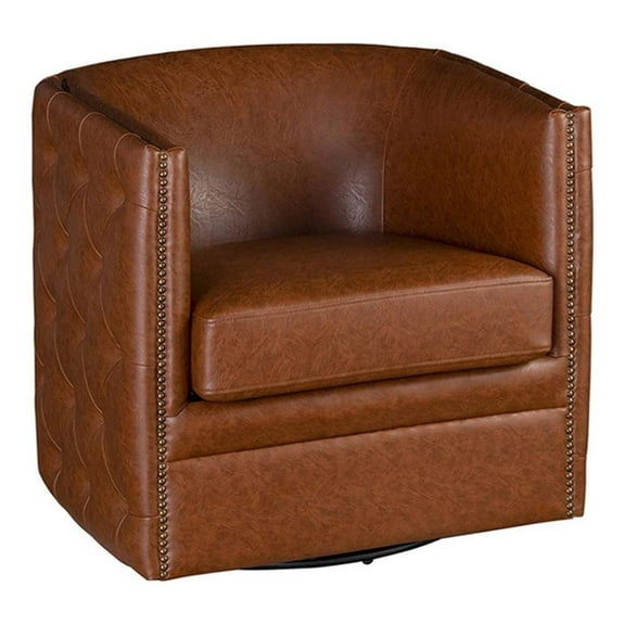 Pemberly Row Faux Leather Tufted Barrel Swivel Chair in Brown