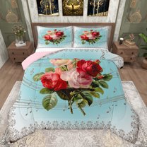 Castle Fairy Romantic Floral Rose Bedding Comforter Set 2pcs for Teenagers,Musical Note Melody Twin Comforter Sets Microfiber,Retro Vintage Aesthetic Breathable Bedding Set,Luxury Bedroom Decor