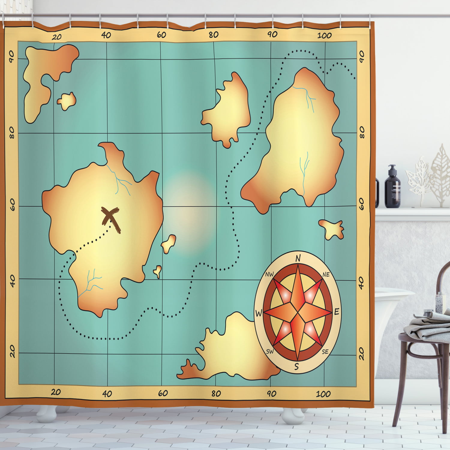 Ancient Navigation Map Shower Curtain Liner Bathroom Mat Polyester Fabric Hooks
