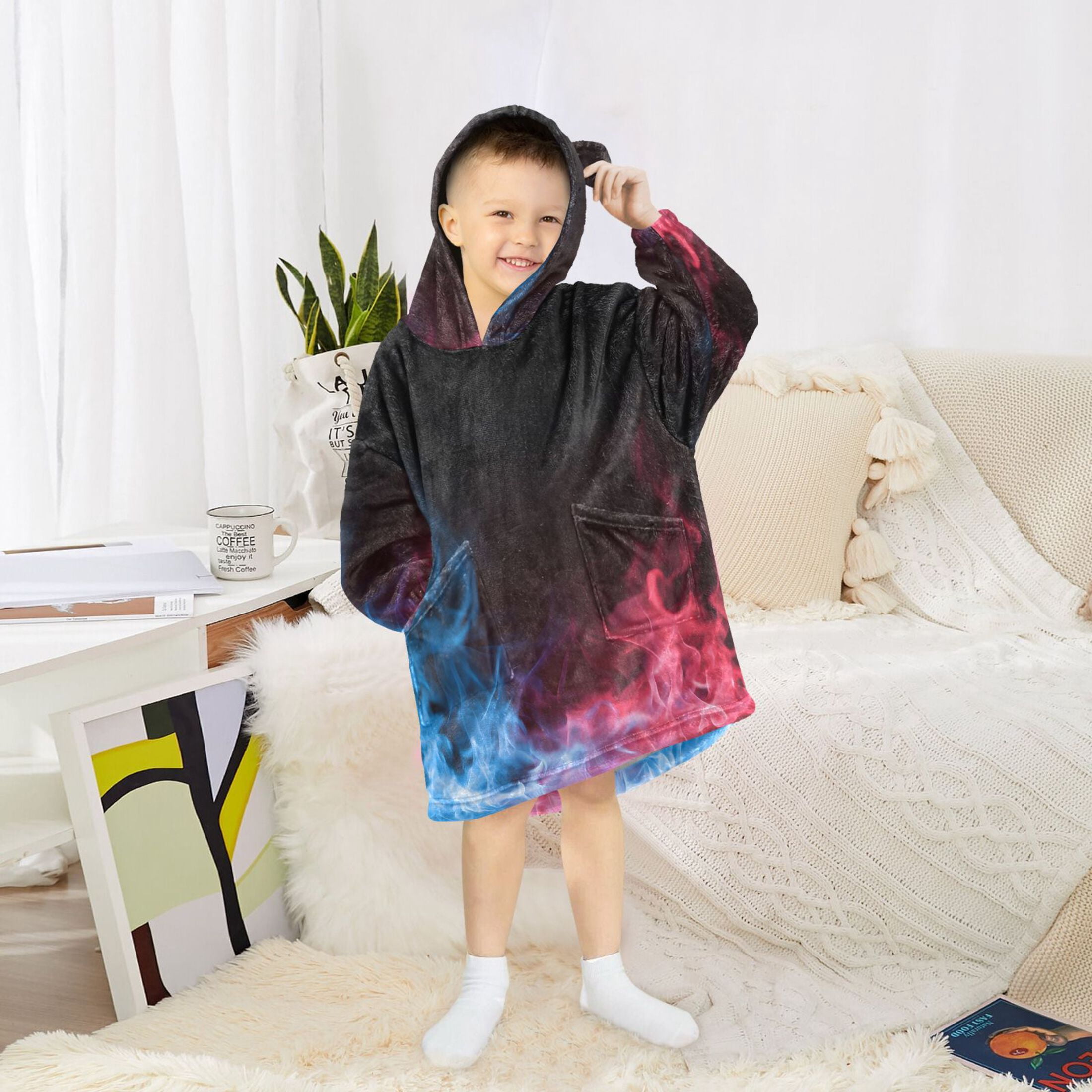joogoo Wearable Blanket Hoodie Red Blue Flames for Flannel Sherpa Pocket 3-14 YR S