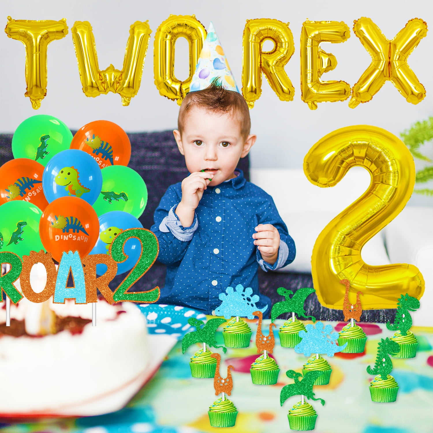 Dinosaur 2nd Birthday Party Decorations for Boys and Girls, Green Dinosaur with ROAR TWO REX Banner and Dinosaur Latex Foil Balloons Cake Toppers for 2 Years Old Boys Girls Birthday Party Supplies