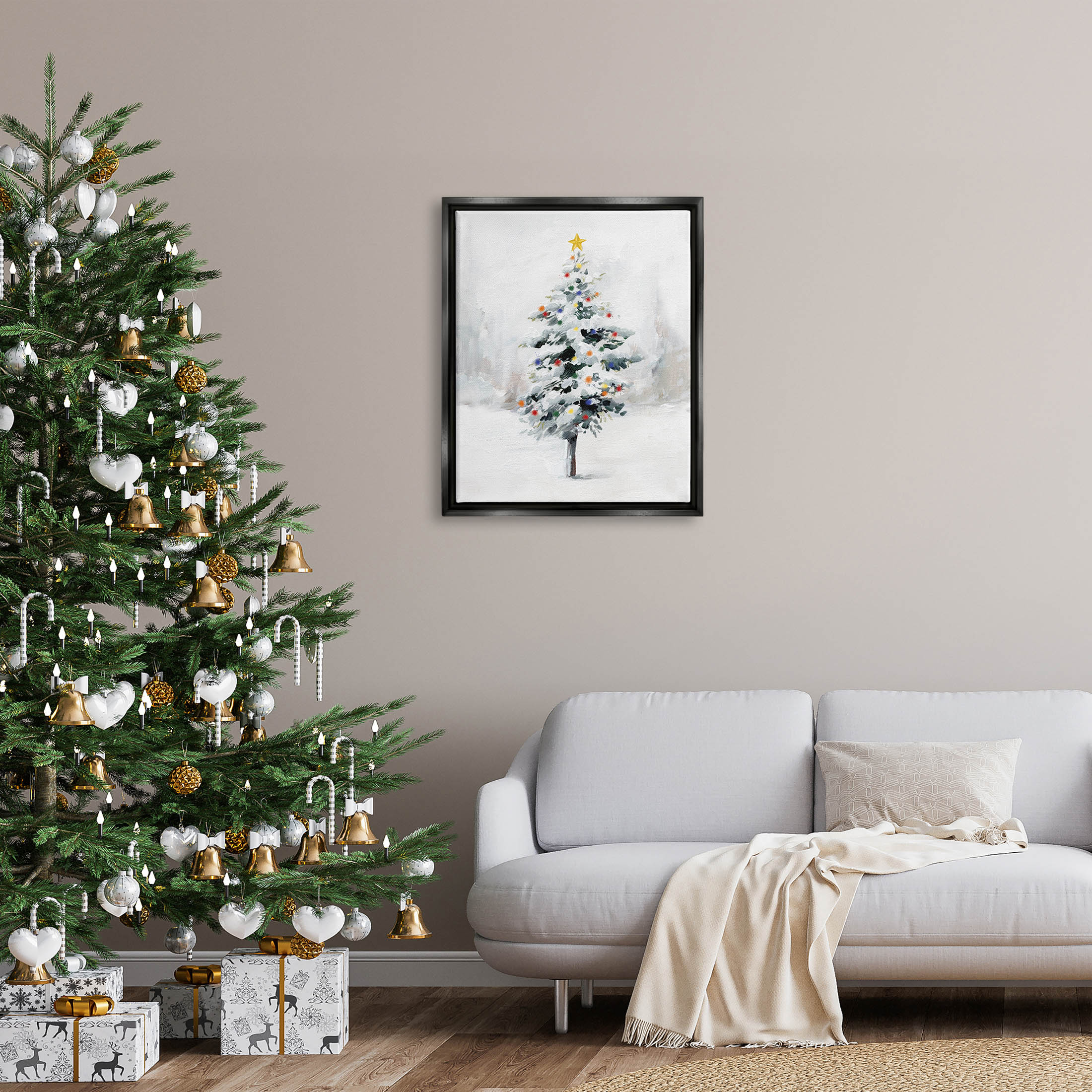 Snowy Christmas Tree Landscape Holiday Graphic Art Jet Black Framed Art Print Wall Art