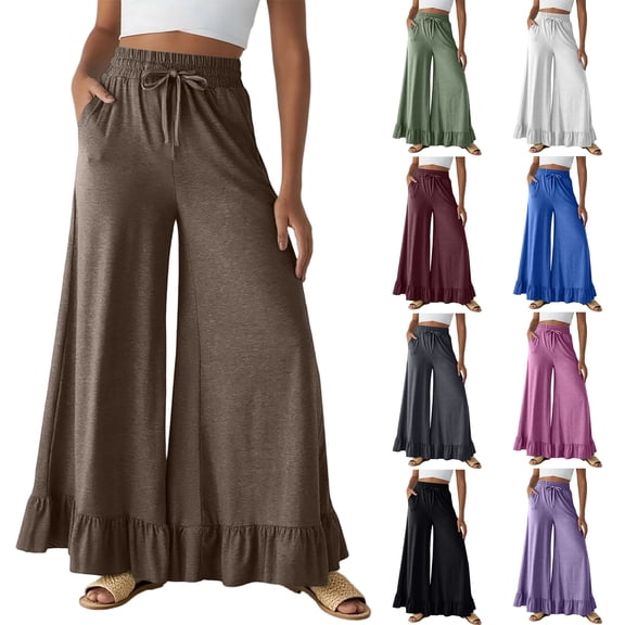 Womens Wide Leg Pants Drawstring Elastic High Waisted Ruffle Hem Palazzo Pant Flowy Comfy Casual Baggy Trousers 2026, XL