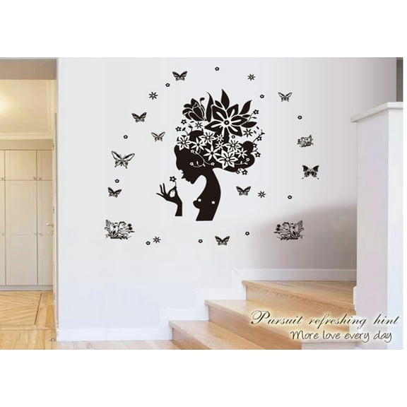Enchanting Butterfly & Camellia Girl Wall Decal - PVC Transparent Film for Nursery, Living Room, Kids' Room, TV & Sofa Background, Window Decor
