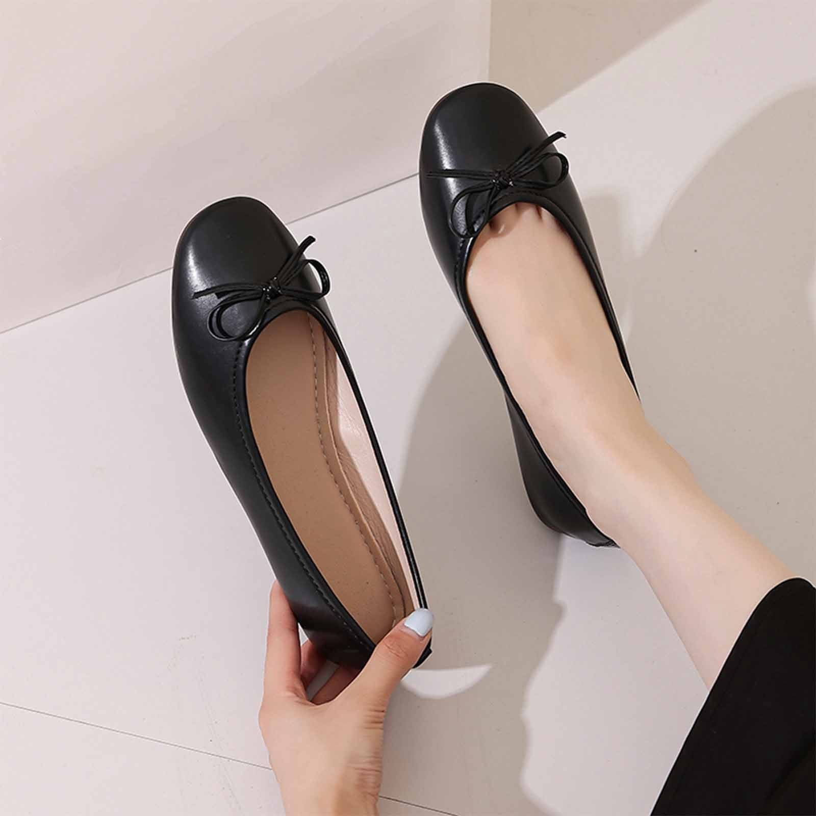 Womens Ballet Flats Slip On Comfortable Work Shoes for Women, Black Everyday Flats with Bow Detail,Size 8.5