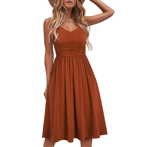 Casual Dresses for Women Sleeveless Cotton Summer Beach Dress A Line Spaghetti Strap Sundresses with Pockets
