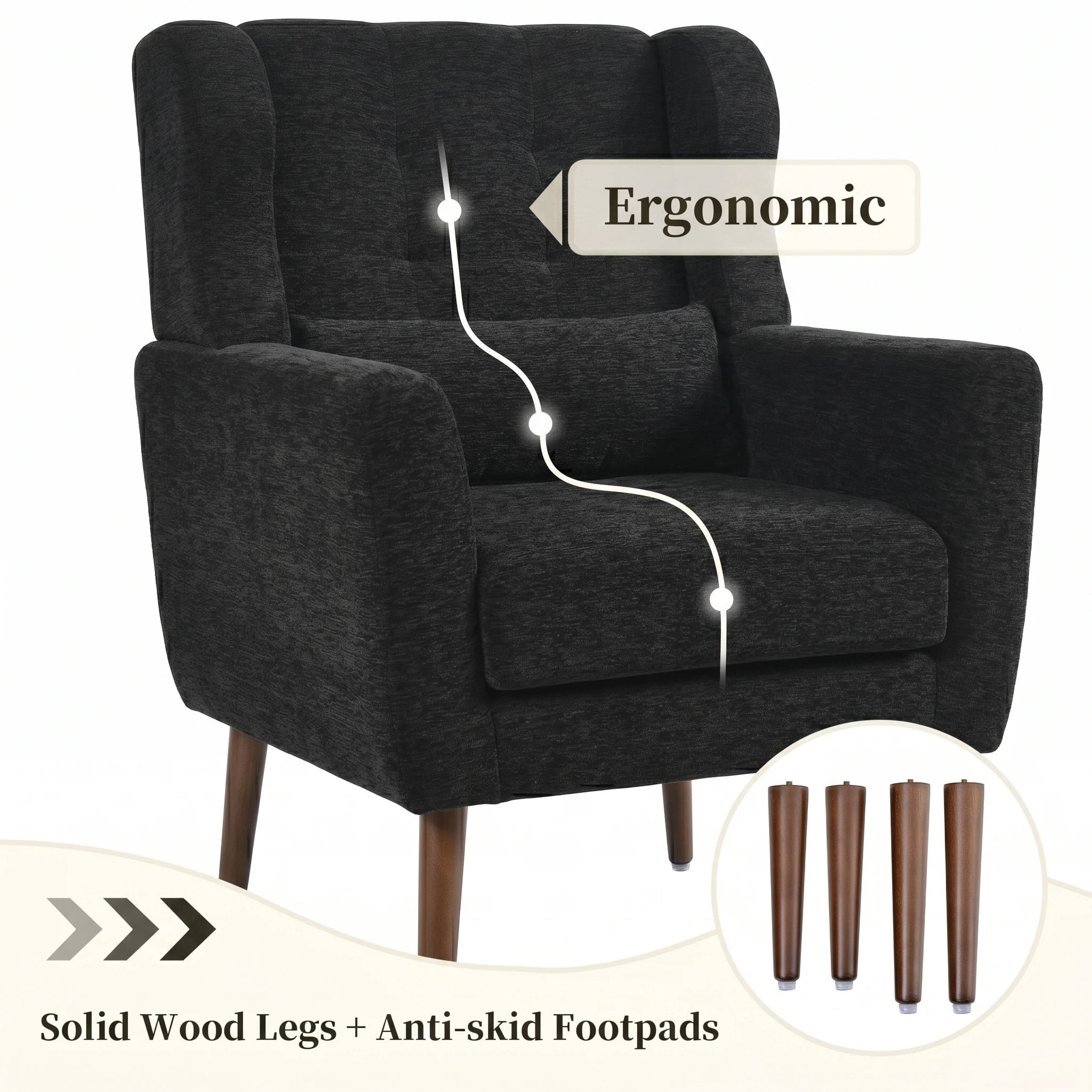 AISWORD Modern Accent Chair, Upholstered Armchair with Pillow, Fabric Single Sofa Chair with Lounge Seat and Wood Legs Accent Chair for Living Room Bedroom Small Spaces, Black
