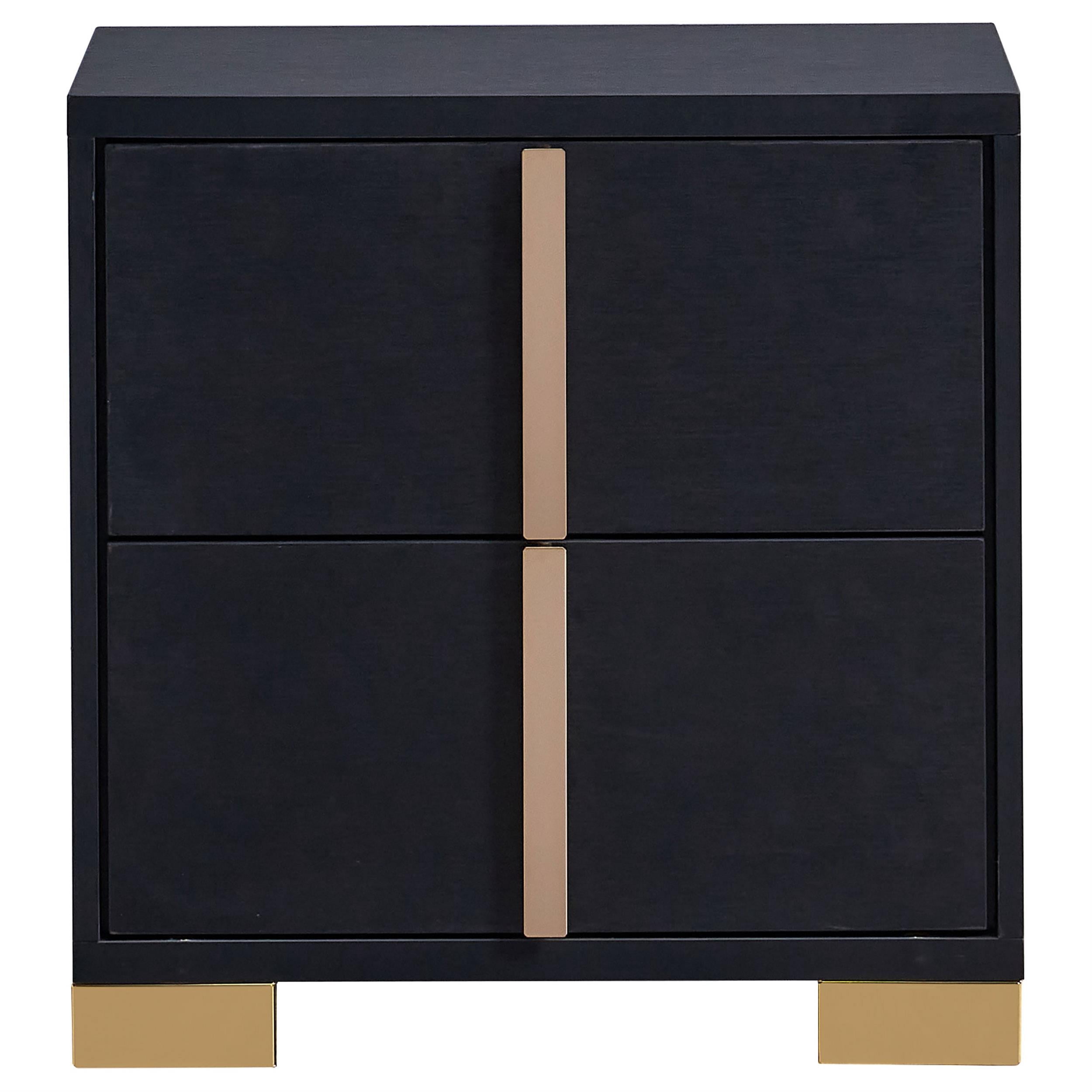 Dex 22 Inch Nightstand- 2 Drawers with Long Vertical Gold Handles- Black