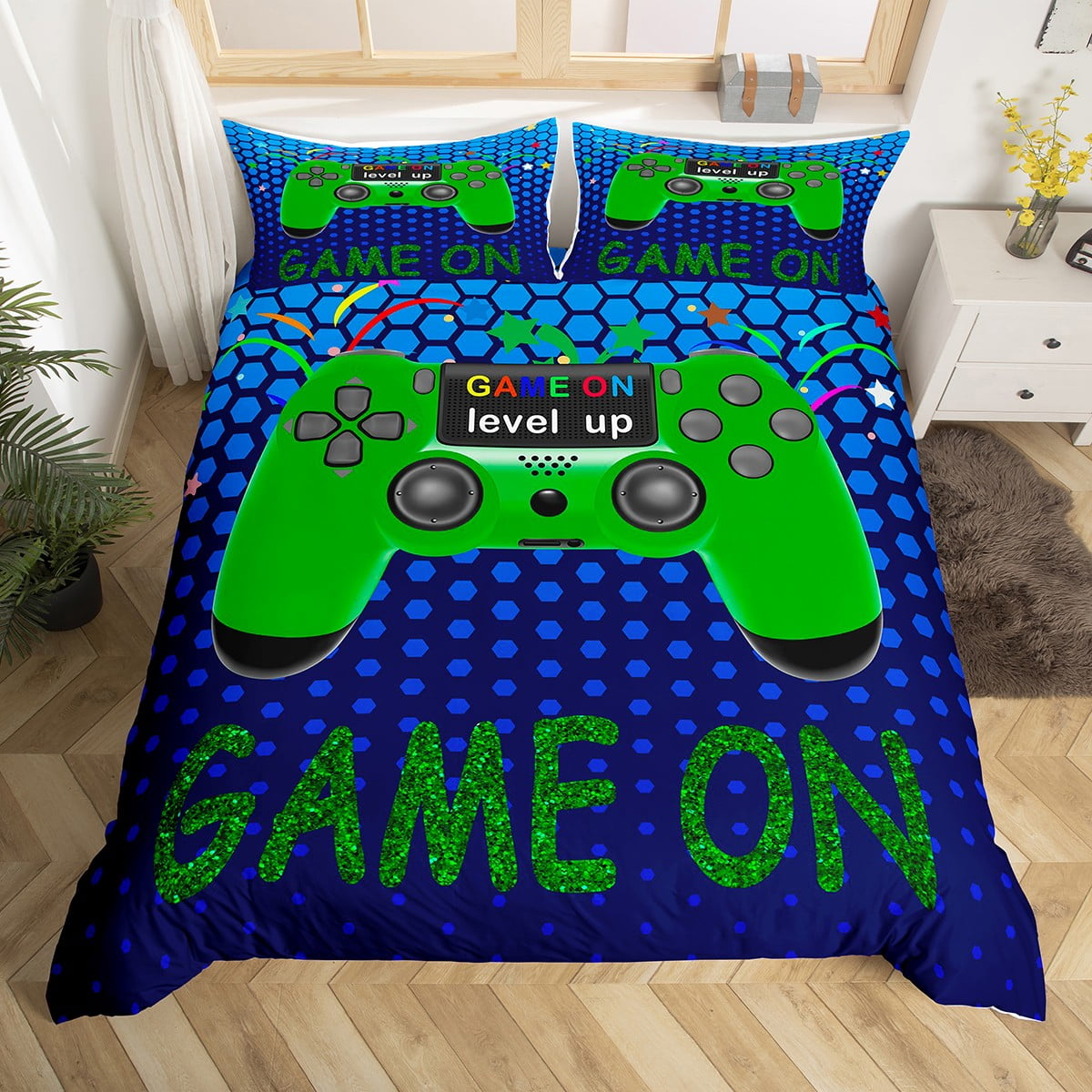 Gamer Duvet Cover Twin Blue Gaming Bedding Set for Boys