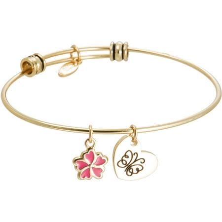 Connections from Hallmark Stainless Steel Yellow-Tone "Sisters" and Flower Multi-Charm Wire Bangle, 7.75