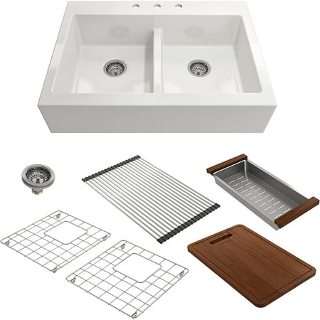 

BOCCHI 1501-001-KIT1 Apron Front Drop-In Fireclay 34 2 Bowl Kitchen Sink Kit