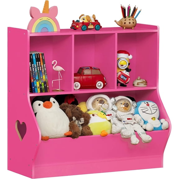 XYGOO Kids Toy Storage Organizer, Children Small Bookcase and Bookshelf, Toddler 4 Cubby Toy Storage Cabinet, Toy Shelf for Playroom, Bedroom, Living Room, Nursery, School 29.53'' H (Pink)