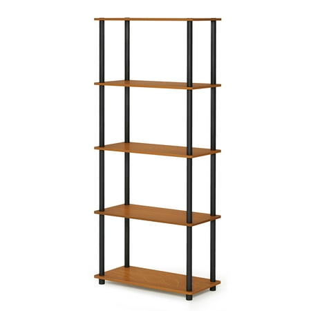 Furinno Rata 5-Tier Industrial Multipurpose Flat Base Shelf Display Rack with Metal Frame, Narrow, Americano