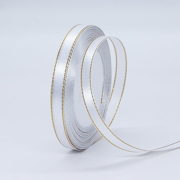 White Satin Ribbon with Gold Edge, 3/8” Polyester Continuous Ribbon -25 Yards,Wide Ribbon for Gift Wrapping,Wedding,Bows Bouquet,Floral Arrangement and Craft