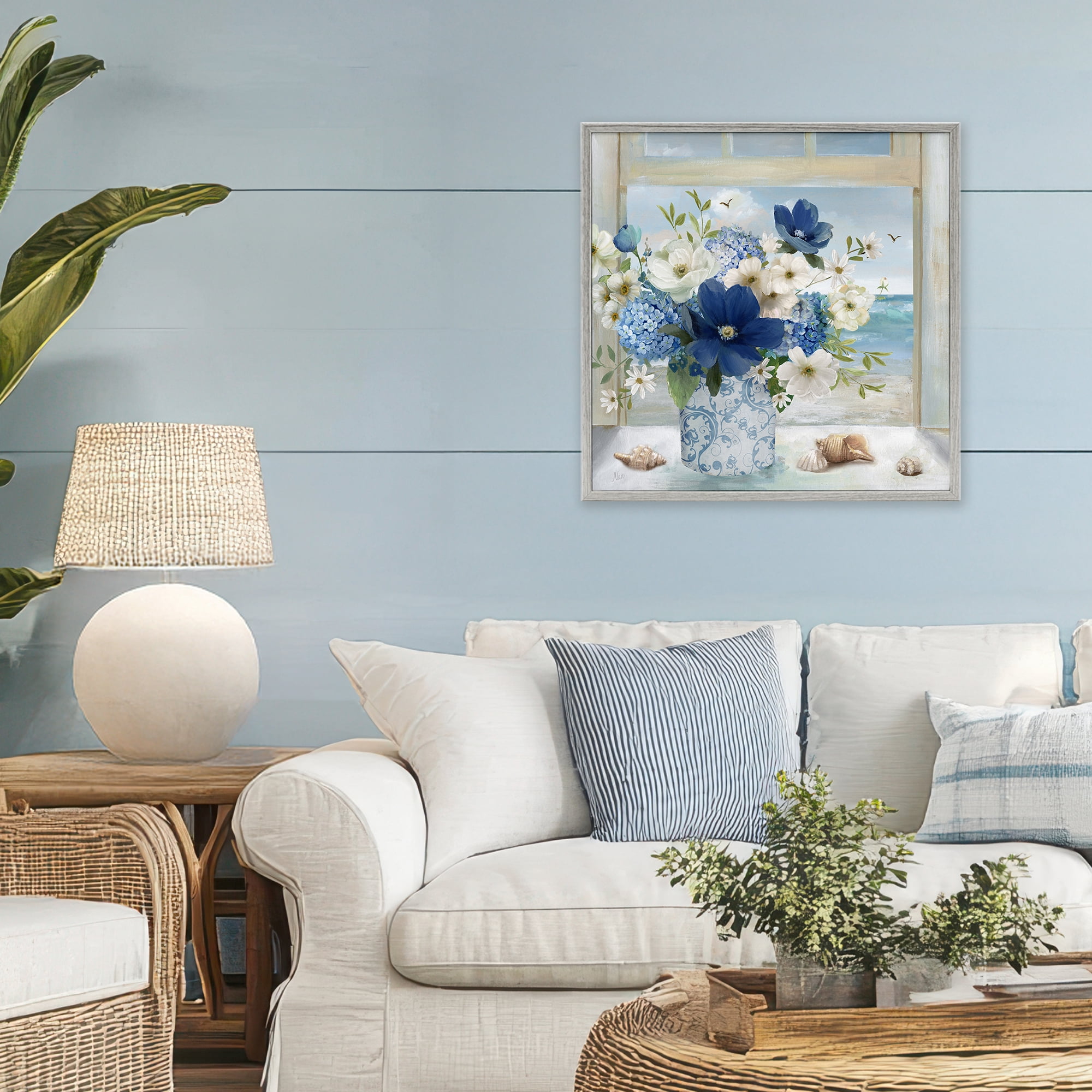 Stupell Industries Seaside Blue & White Arrangement Gray Framed Giclee Art, design by Nan