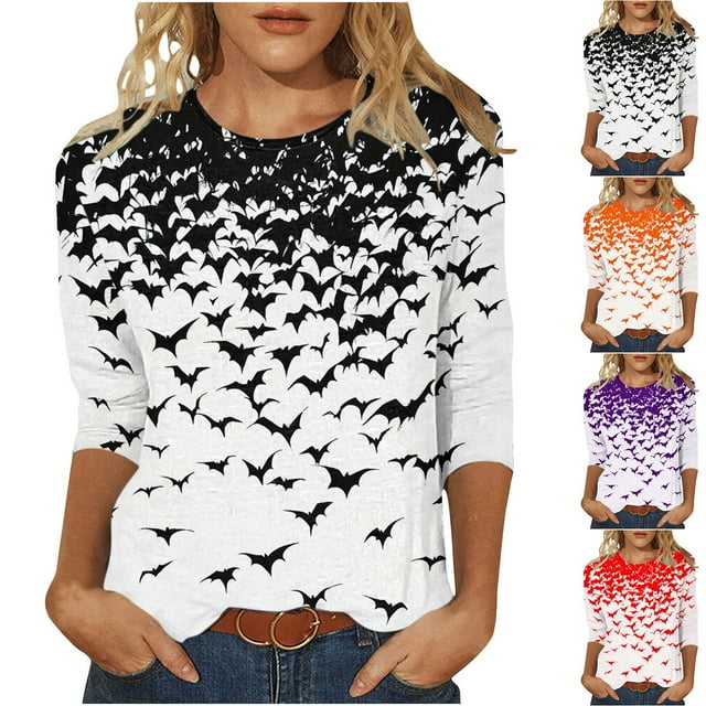 VKOYWKM Halloween Femmes Hauts Manches 3/4 Halloween T-Shirts Graphiques Chauve-Souris Automne Col Rond Coupe Ample Fête T-Shirts Effrayants Tuniques Blouses