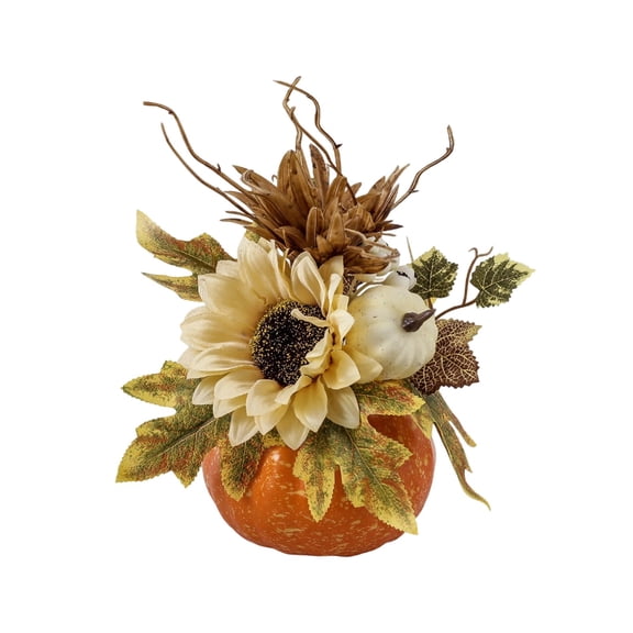 Large Halloween Pumpkin Centerpiece with Sunflowers & Maple Leaves, Artificial Autumn Harvest Tabletop Decor for Thanksgiving Fall Home Farmhouse Mantel Shelf Display