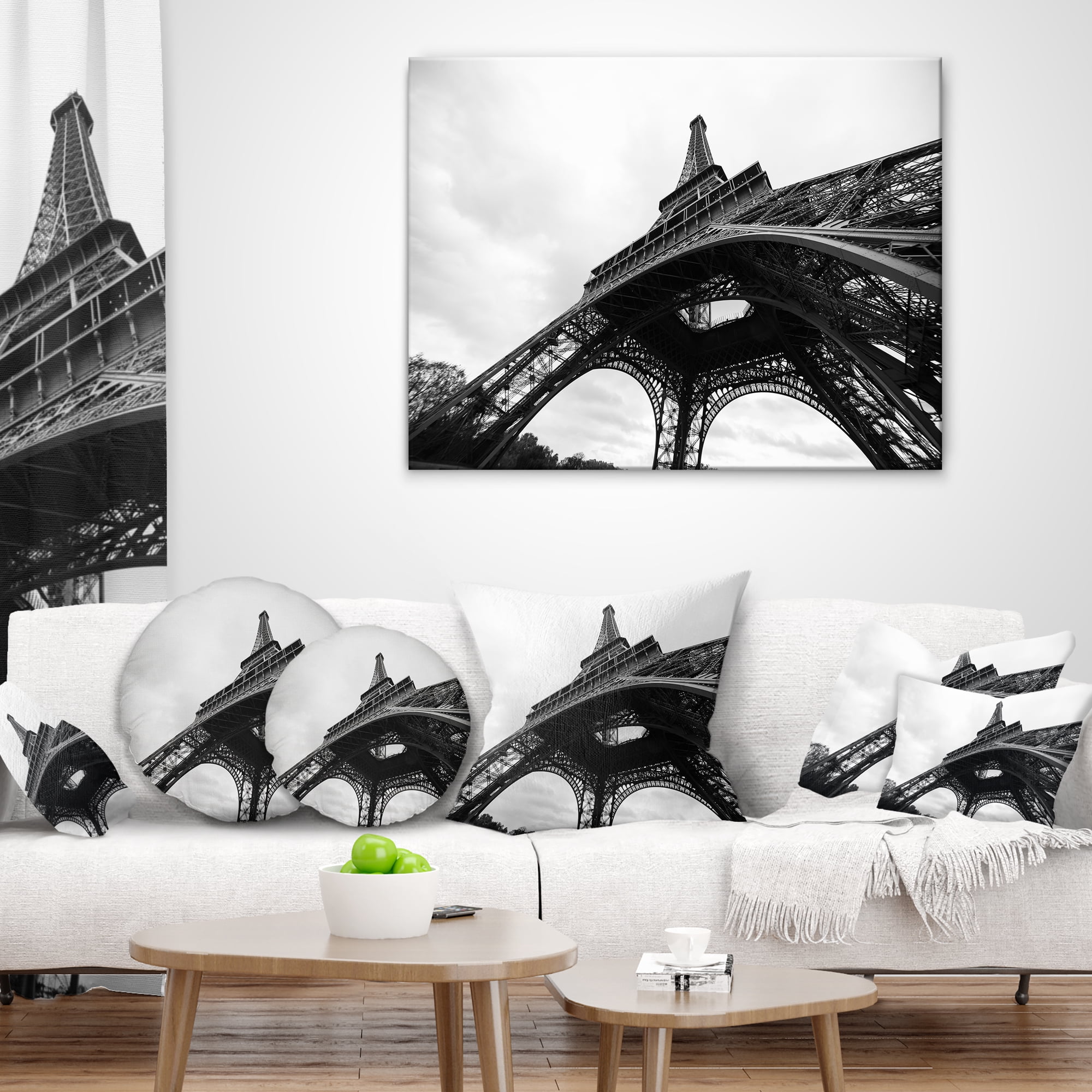 Designart Paris Paris Eiffel Towerin Black and White Side View - Cityscape Throw Pillow - 16x16