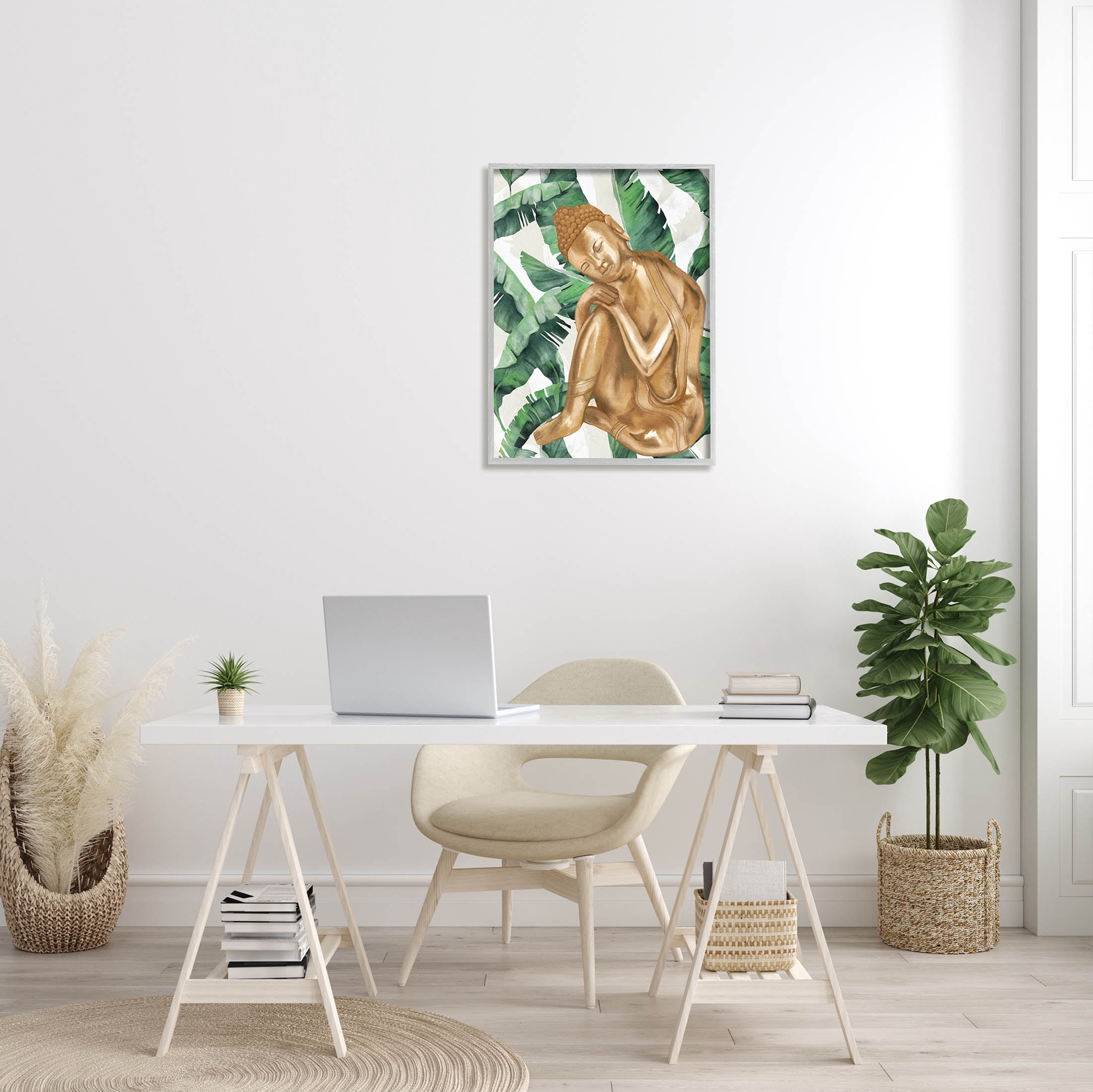 Stupell Industries Tropical Leaves Pattern Buddha Graphic Art Gray Framed Art Print Wall Art, Design by Lil' Rue