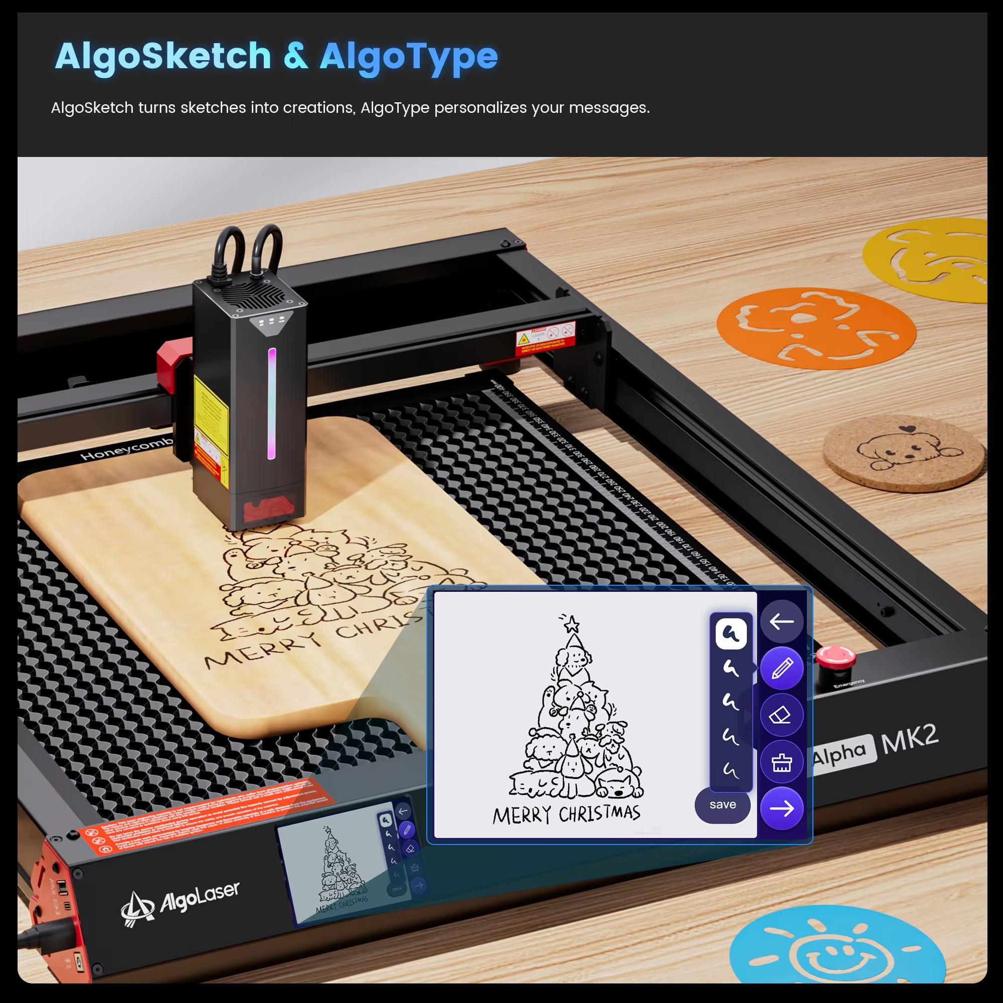 AlgoLaser Alpha Laser Engraving Machine with Air Assist, 20W Output Power Higher Accuracy Laser Cutter Engraver 20000mm/min for DIY Acrylic, Wood and Metal