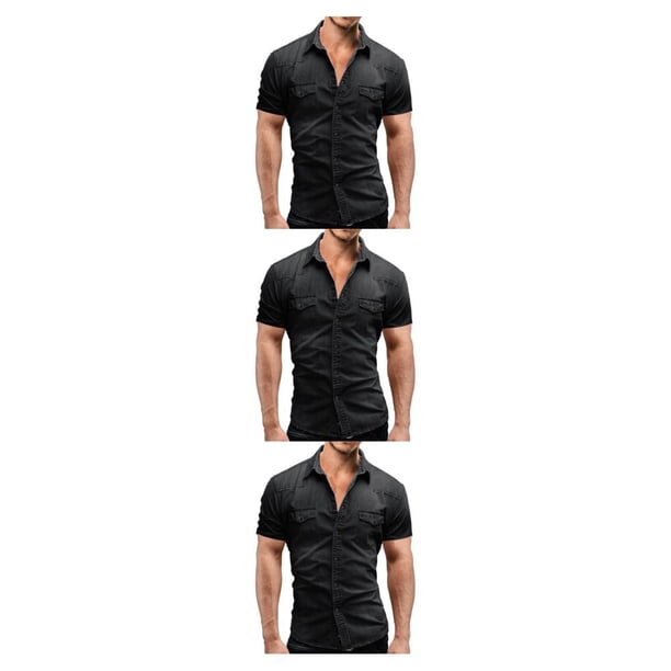Qarigey Camisa vaquera fina de verano para hombre, bolsillos, ajustada, ligera, elástica, de manga corta, estilo americano, ropa informal, Type1 NO1