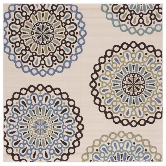 SAFAVIEH Veranda Axum Geometric Indoor/Outdoor Area Rug, 6'7" x 6'7" Square, Cream/Blue