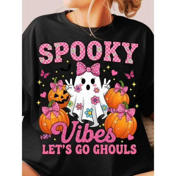Funny - Halloween - Ghost - Pumpkin Graphic Tee, Tops Has "SPOOKY VIBES..." Design, Round Neck Regular Fit T - shirts, Size(S - 5XL)