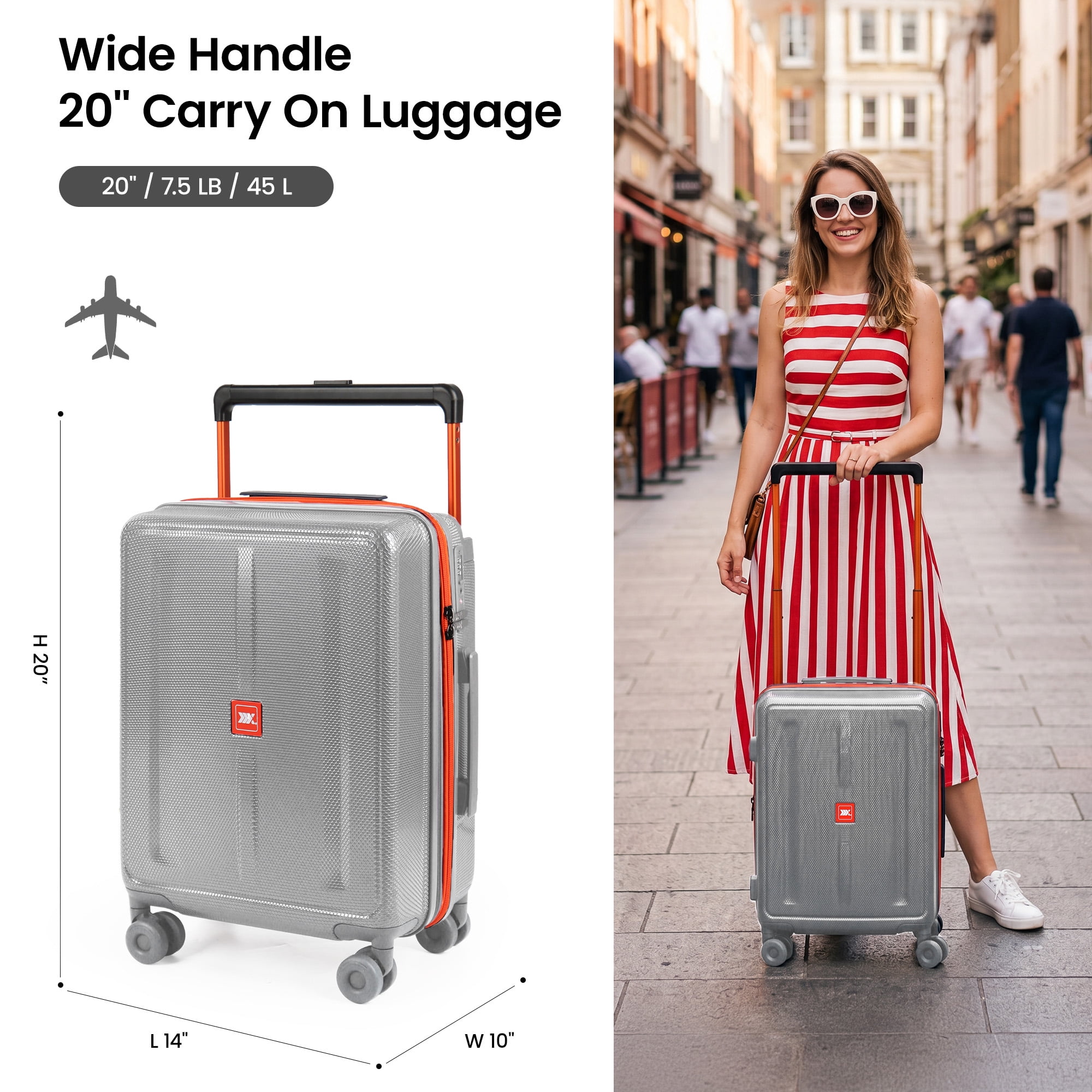 New York Xpress 20" Carry on Luggage,PC Hardside Expandable Suitcase with Silent Wheels & Aluminum Wide Handle,TSA-Approved, Silver - LP13803