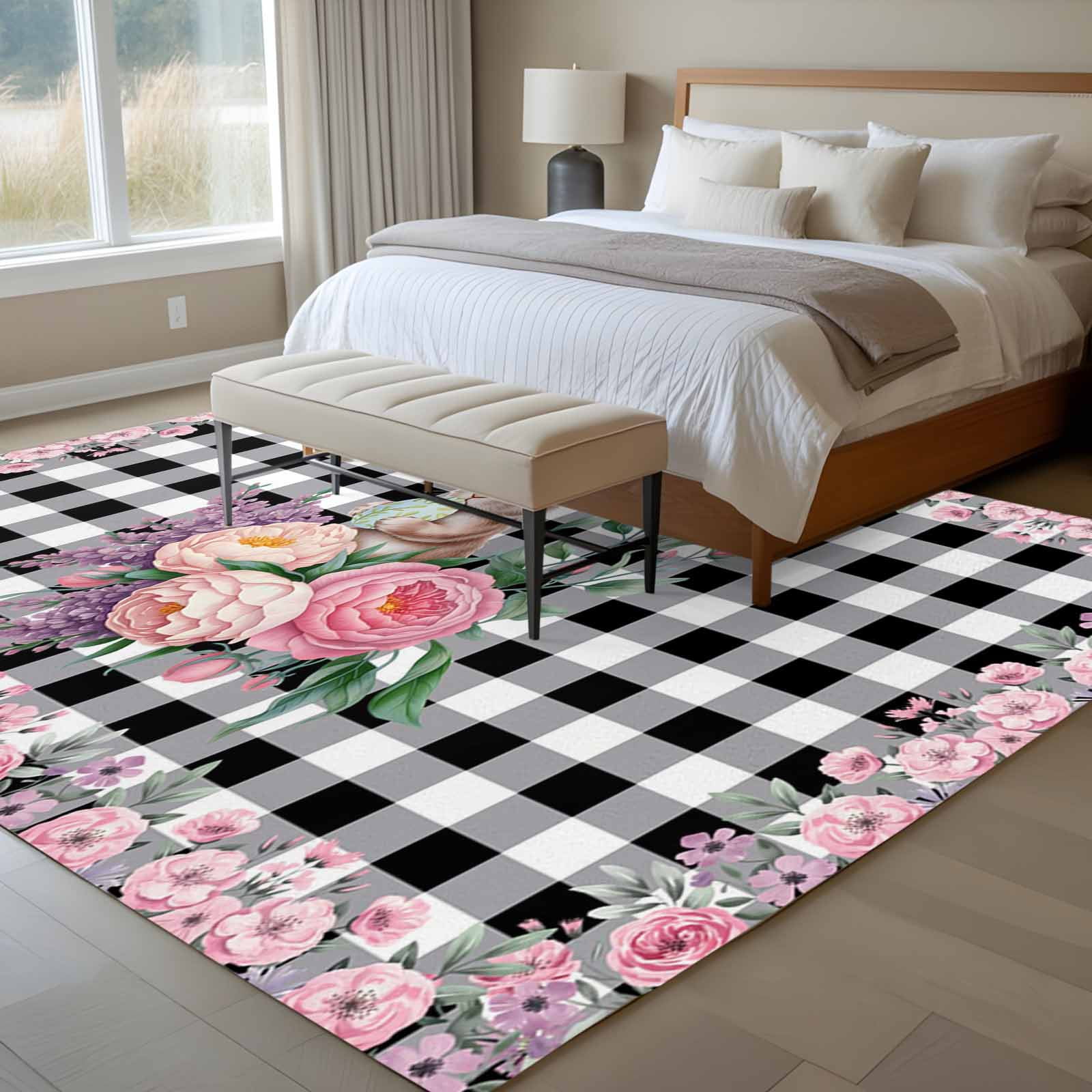 Easter Bunny Roses Area Rugs 6'x9', Washable Small Throw Rugs for Kitchen Dining room, Pink Floral Spring Black Buffalo Plaid Indoor Outdoor Rug Non-Slip Low Pile Carpet Runner Reversible Floor Mats