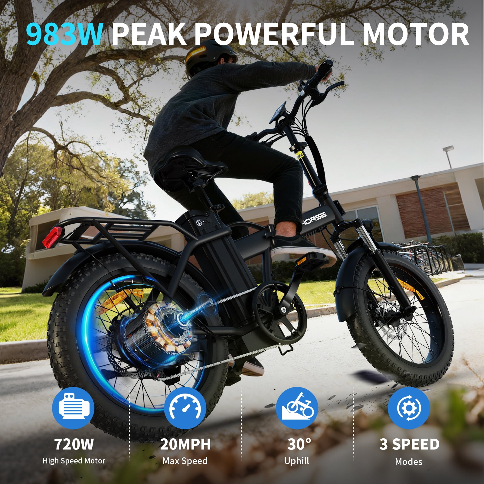 Windhorse 20" Fat Tire Electric Bike for Adults, 20 mph, 70 mile Range, 983W Motor, 48V 15.6Ah Removable Battery Foldable Ebike