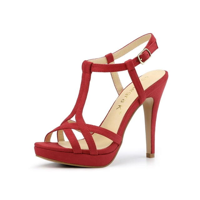 BLISSFUL STEP Sandales à Talon Aiguille à Plateforme à Bride en T Slingback pour Femmes Rouge 9
