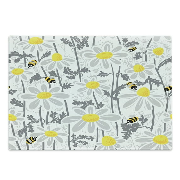 Grey Cutting Board, Daisy Flowers Bees in Spring Time Honey Petals Floret Nature Purity Blooming, Decorative Tempered Glass Cutting and Serving Board, Large Size, Yellow White, by Ambesonne