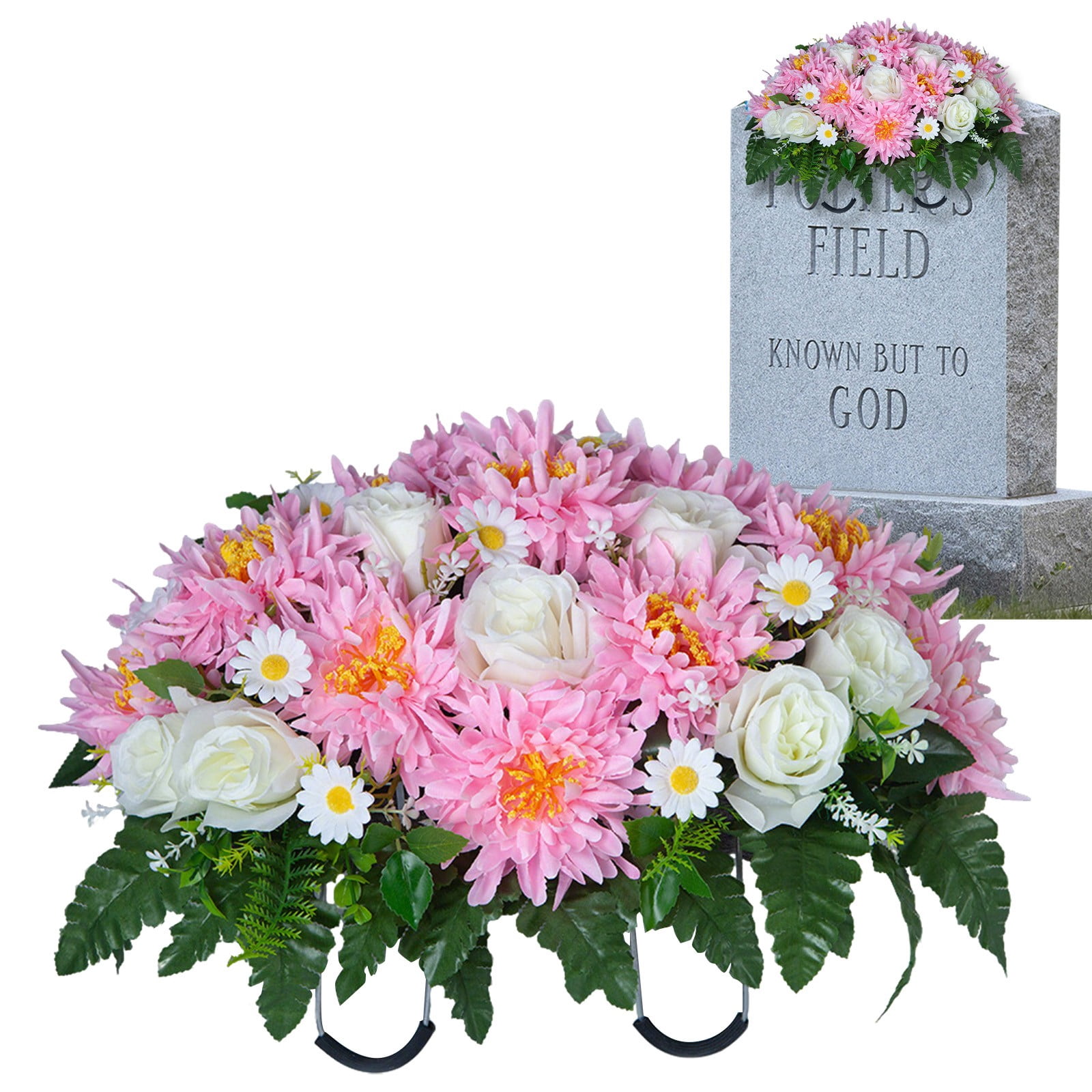 Cemetery Saddle Artificial Flowers, Fake Chrysanthemum Grave Headstone Flowers, Faux Memorial Flowers for Cemetery, Grave Saddle & Memorial Day Decoration