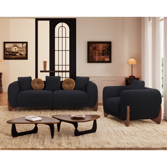 Morden Fort 2 Piece Cloud Sofa Set, Modern Boucle 3-Seater Sofa & Accent Arm Chair, Upholstered Living Room Furniture Set with Walnut Legs, Black
