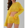 thumbnail image 5 of Raccmtaty Women's Knit Swimsuit Cover-Up Outfits Solid Color Ripped Long Sleeve Crop Tops with Drawstring Shorts Set, 5 of 8