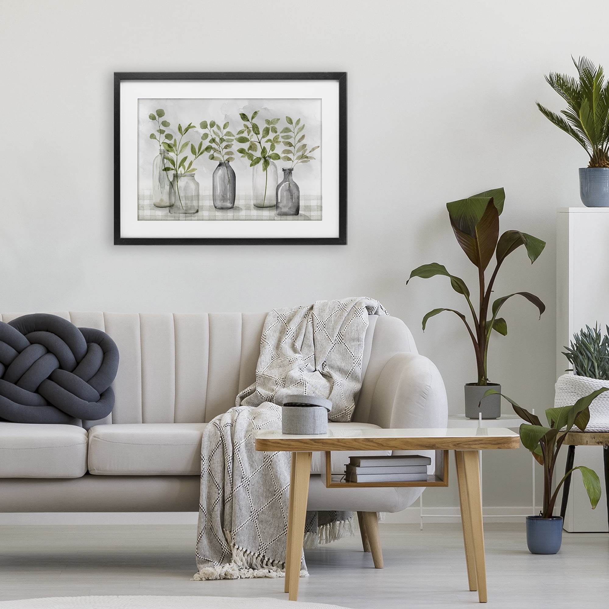 Stupell Industries Greenery Leaves in Vases Black Framed Print Under Glass, design by Nan