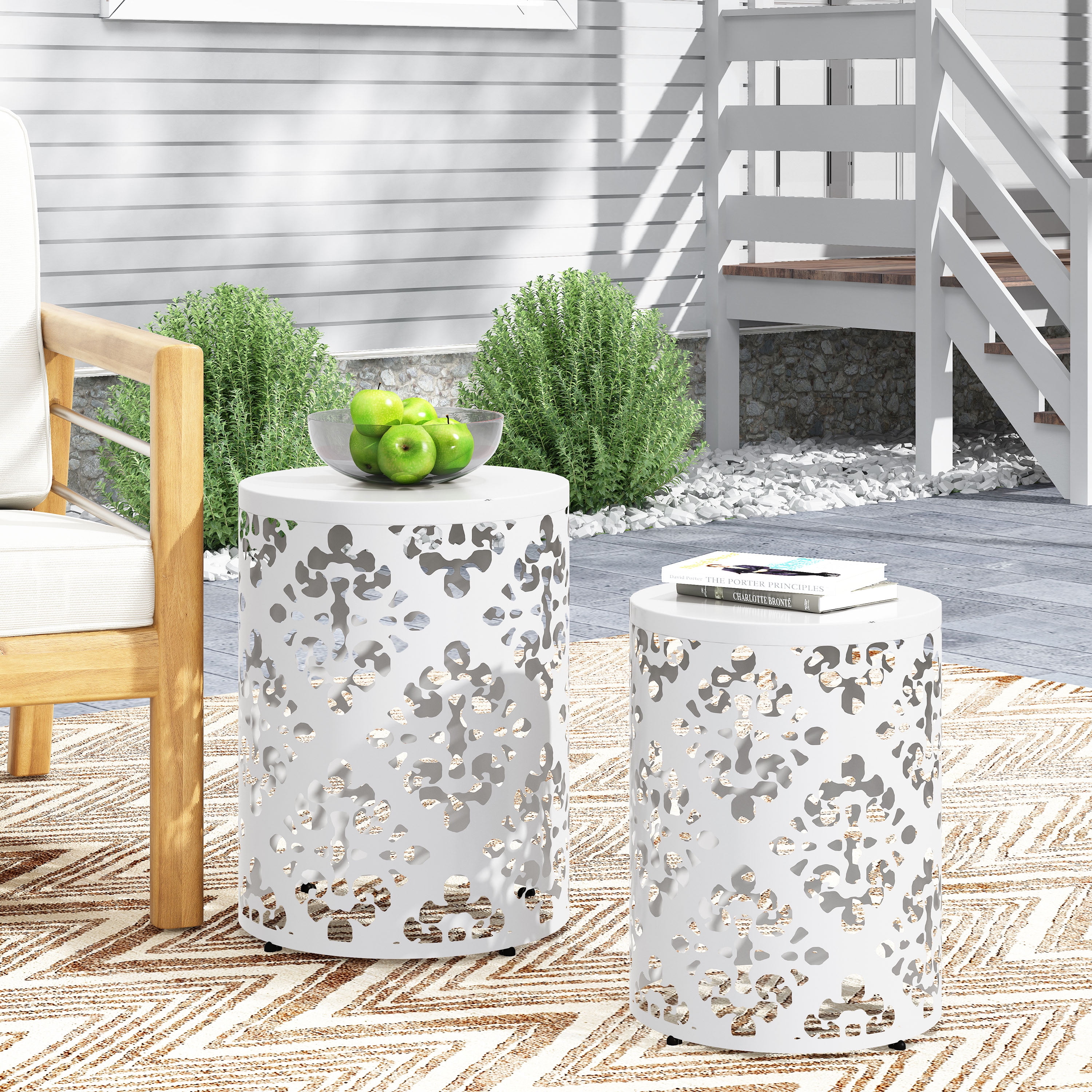 Outdoor Nesting Side Table Set of 2, Cylindrical Floral Pattern Structure for Patio Garden, White