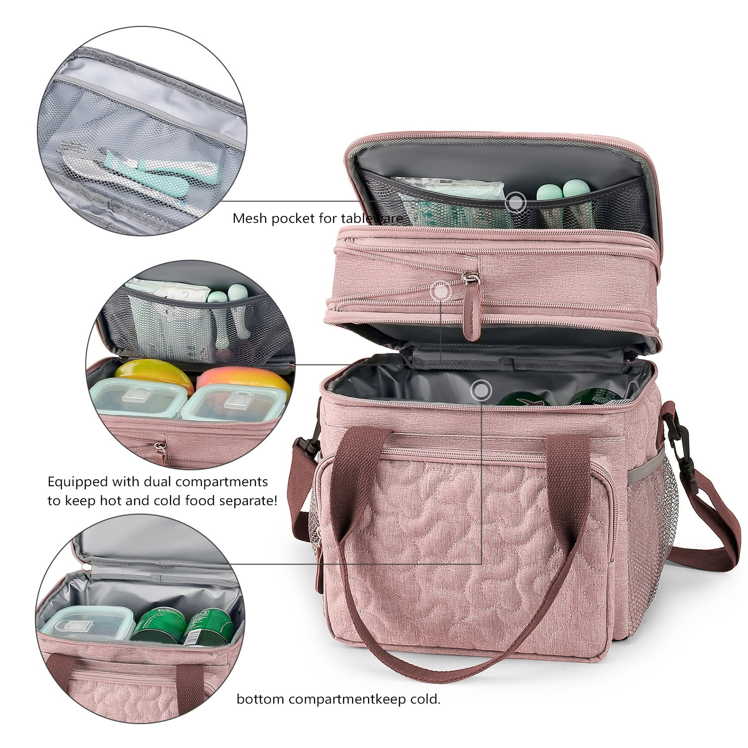 Insulated Lunch Bag Lunch Box Expandable Double Deck Cooler Bag Leakproof Side Tissue Pocket, Adjustable Shoulder Strap for Picnic Camping Hiking School Work, Pink