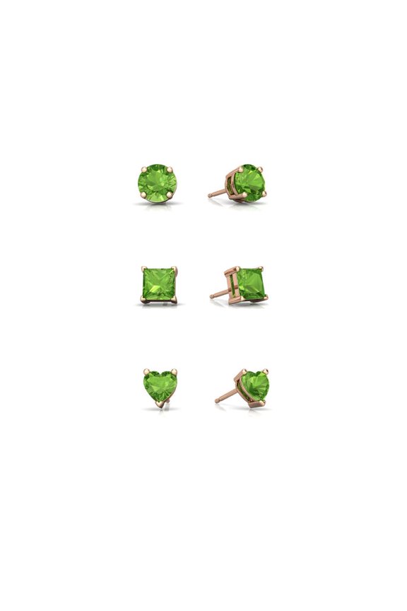 18k Rose Gold Plated 4mm Created Peridot 3 Pair Round, Square And Heart Stud Earrings