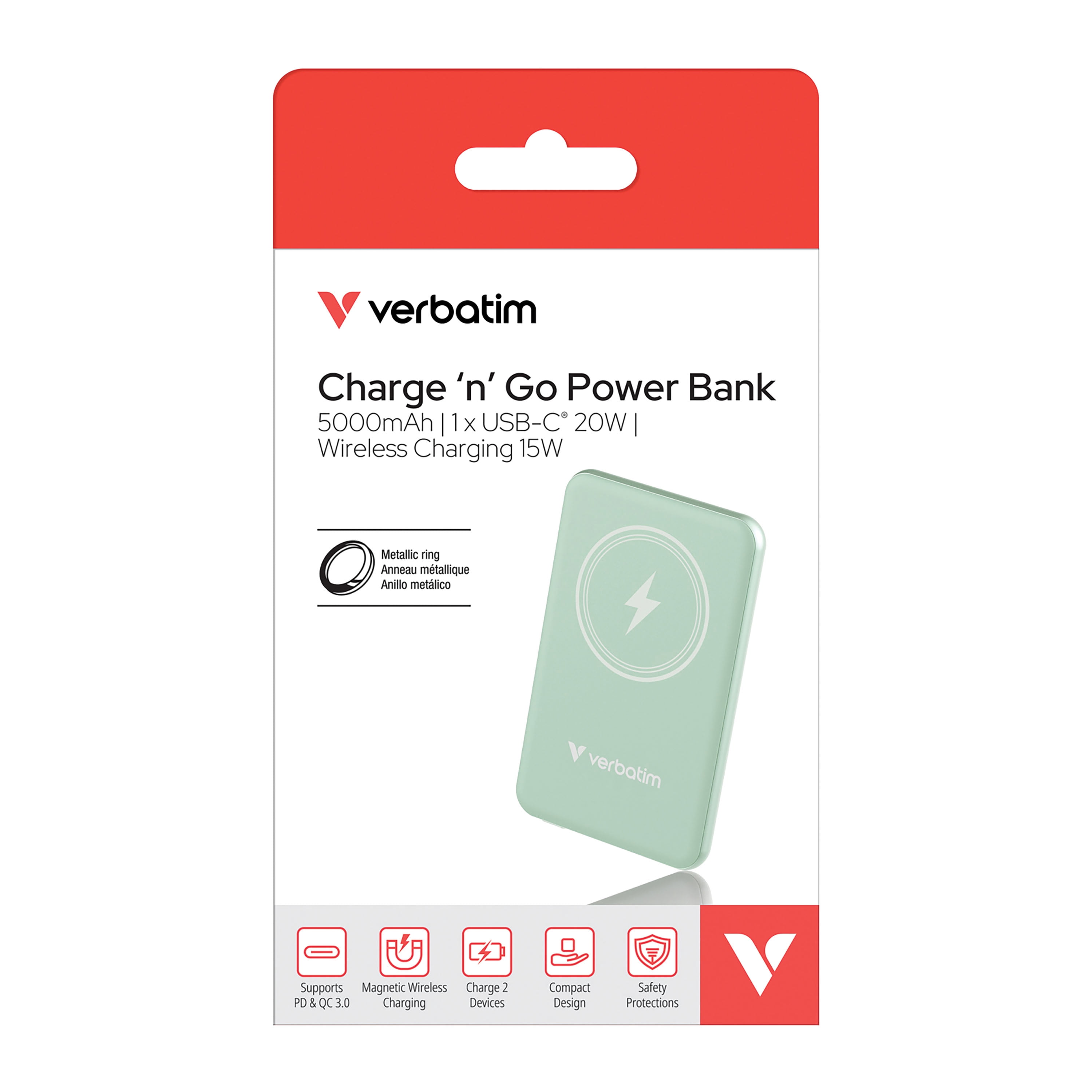 Verbatim Charge 'n' Go Magnetic Wireless Power Bank 5000 mAh - Green