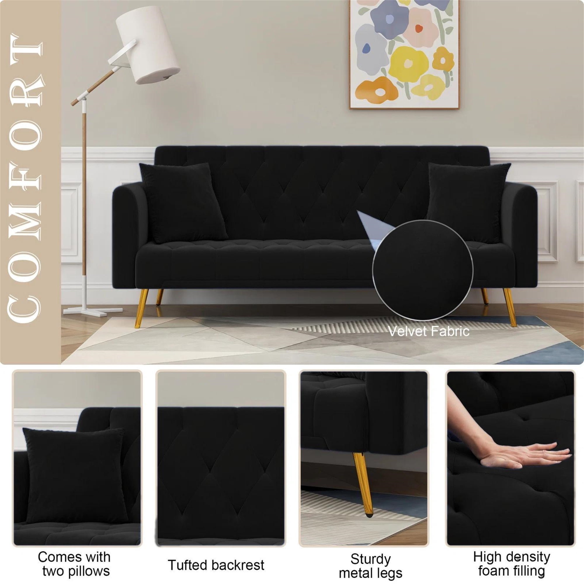 Aukfa Curved Arm Futon Convertible Sofa Bed for Home Office, 2 Pillows, Tufted Back, Velvet, Black