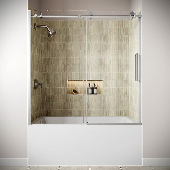 Sebino 60'' x 60'' Semi-Frameless Sliding Bathtub Door with CrystalTech Treated 5/16'' Tempered, Clear Glass, Polished Chrome Hardware, SKU: AQ-980-CH-L-R