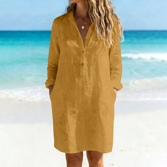 FDGIU Women's Collared Half Button 3/4 Sleeve Shirt Midi Dress, Casual Summer Loose Tunic Mid Dress with Pockets