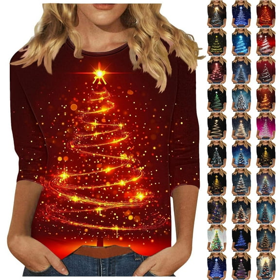 CFLVAEK Women's Plus Size Christmas Shirts Xmas Tree Graphic Holiday Shirt Casual Round Neck Blouses Loose Fitted 3/4 Sleeve Tops Christmas Gifts for Adults XXL