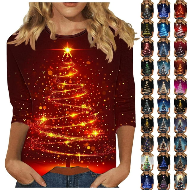 CFLVAEK T-Shirts de Noël pour Femmes T-Shirt Graphique Arbre de Noël Grande Taille Manches 3/4 Hauts Col Rond Blouses Cadeaux de Noël pour Femmes TTTG