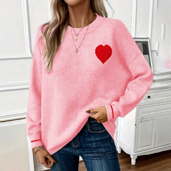 Craaazy Womens Plus Size Heart Print Sweater Crew Neck Long Sleeve Casual Pullover for Fall and Winter Gifts