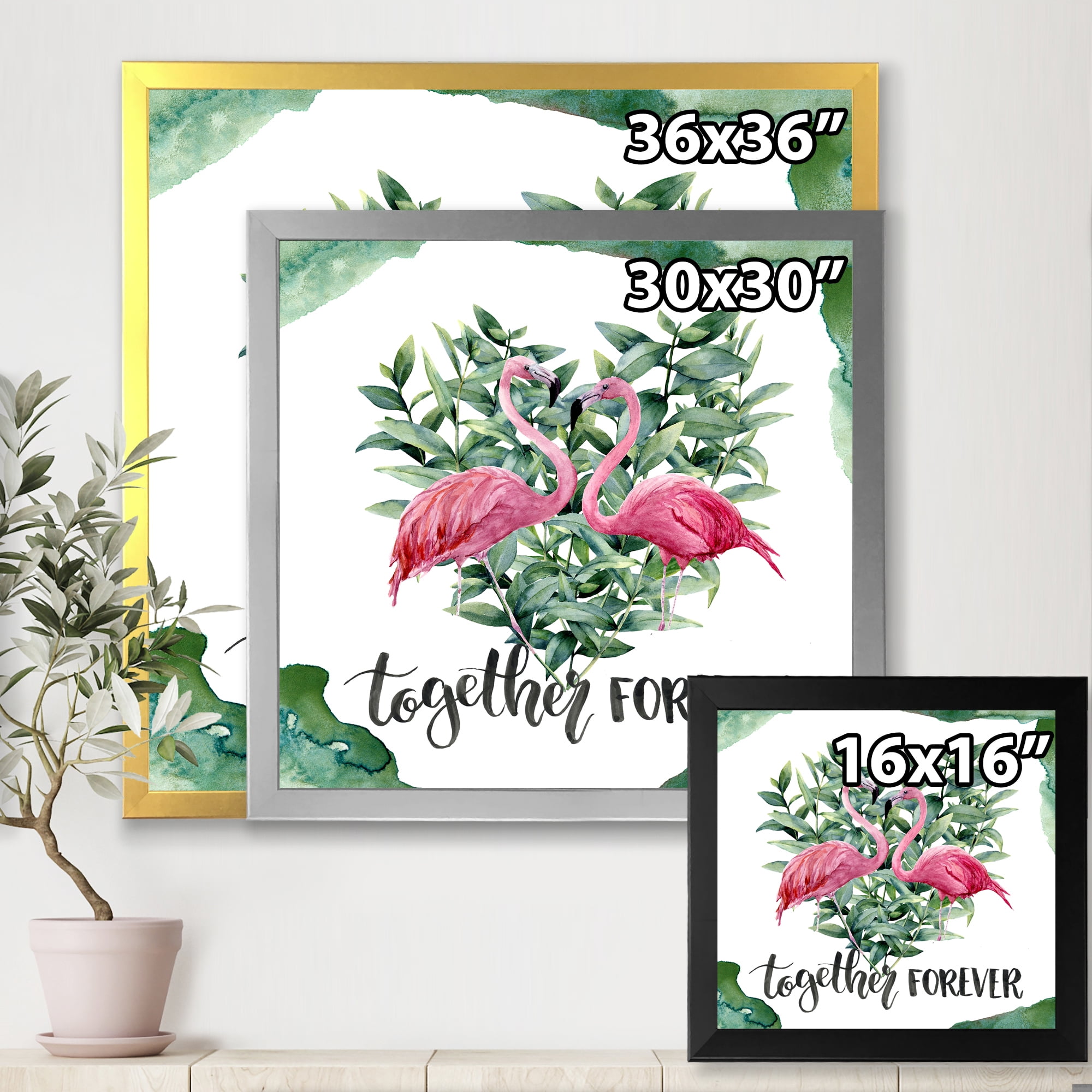 Designart 'Eucalyptus Leaves With Flamingo Floral Heart' Traditional Framed Art Print